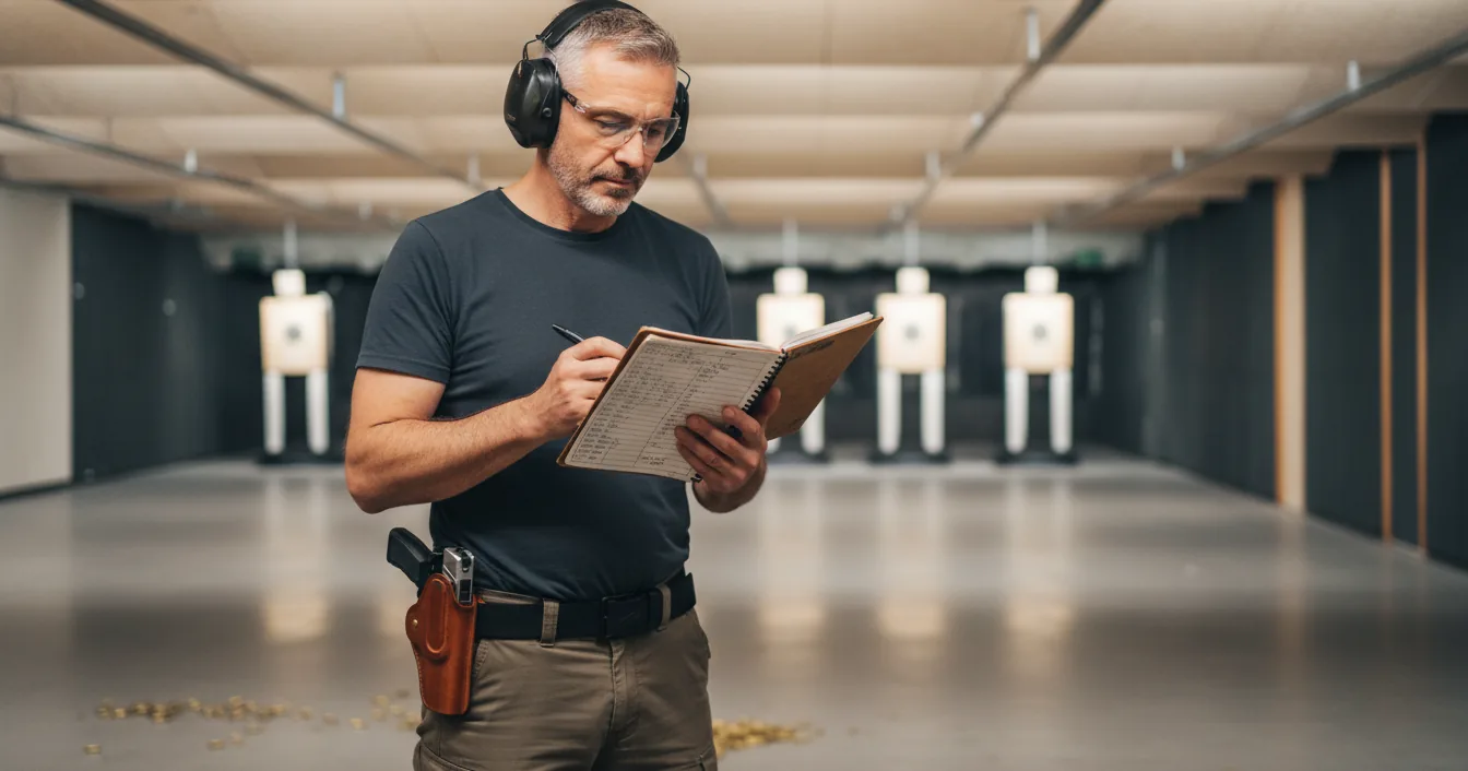 A relaxed range visitor in ear and eye protection reviewing a training logbook beside a holstered pistol.