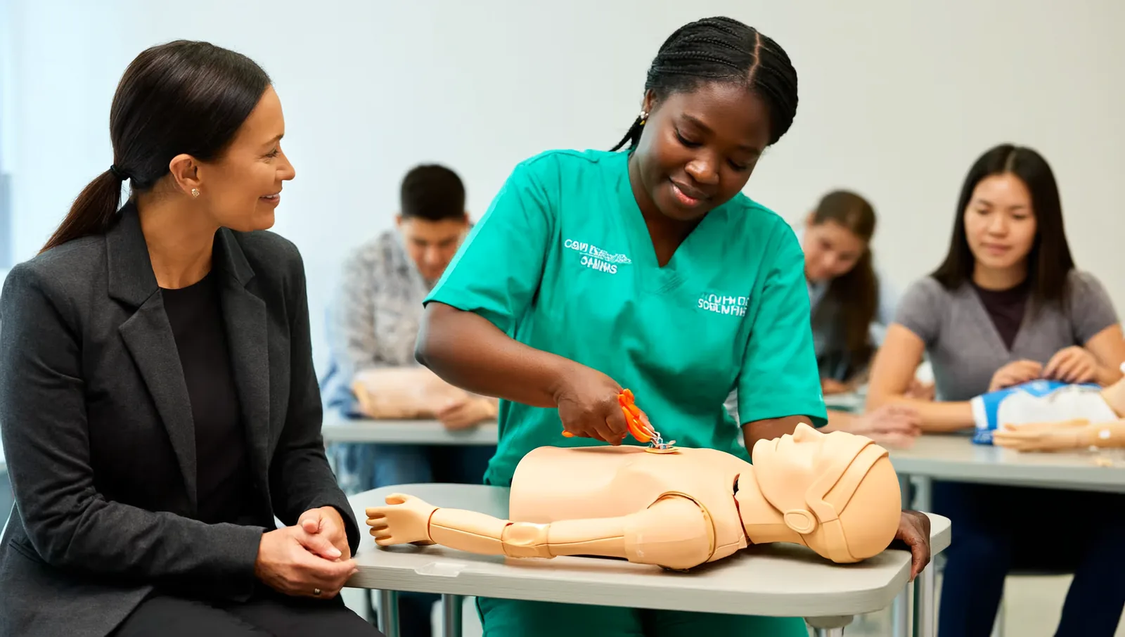 An ordinary adult in a bright first-aid class practicing bleeding-control skills on a training mannequin while a calm instructor observes.