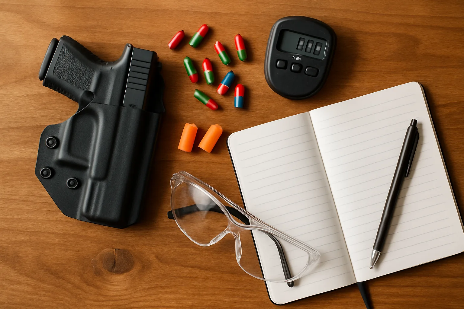 Overhead flat lay of dry-fire practice gear: a holstered pistol, dummy snap caps, a shot timer, ear and eye protection, and a notebook on a wooden table.