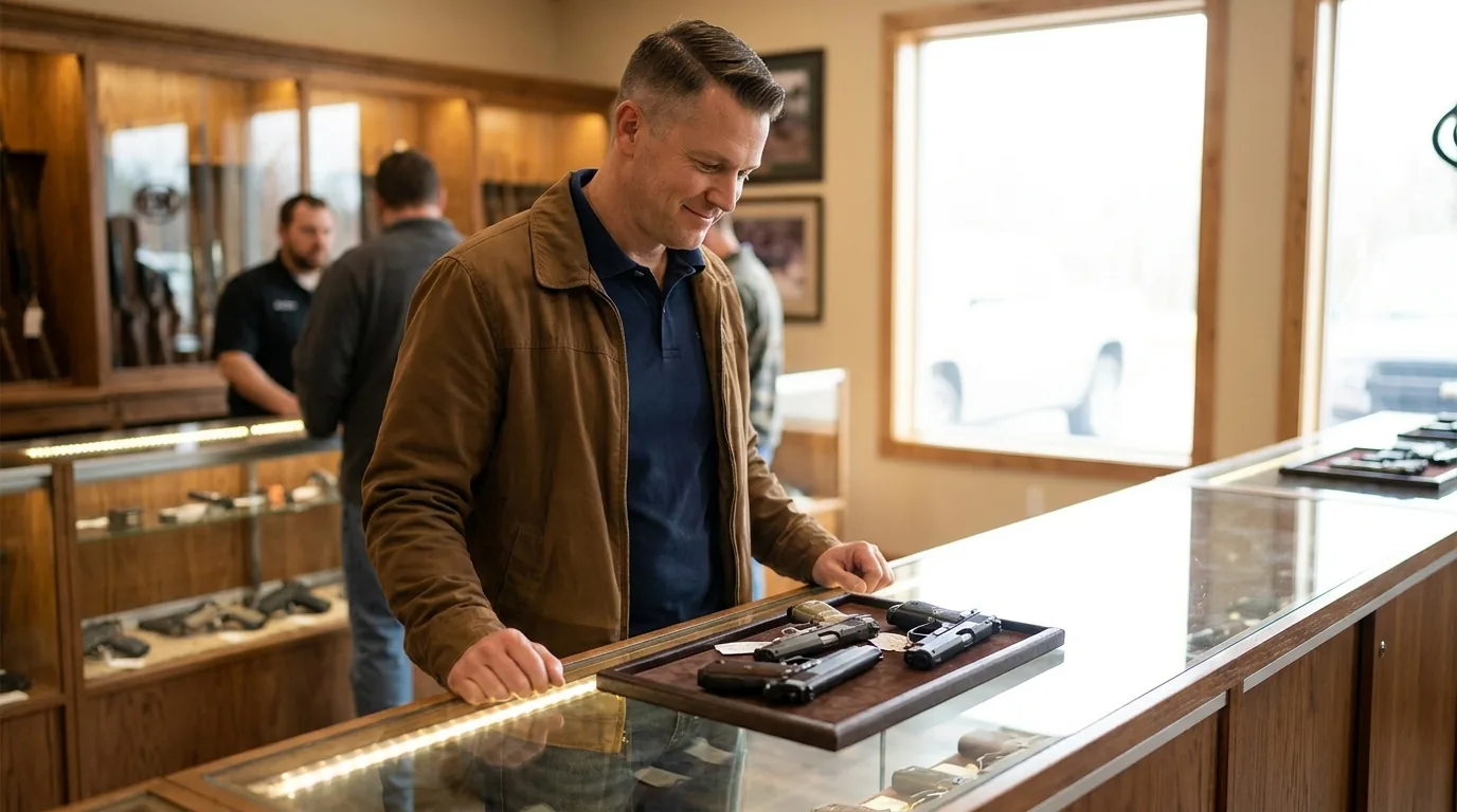 A relaxed shopper browsing handguns displayed inside a glass case at a gun store counter.