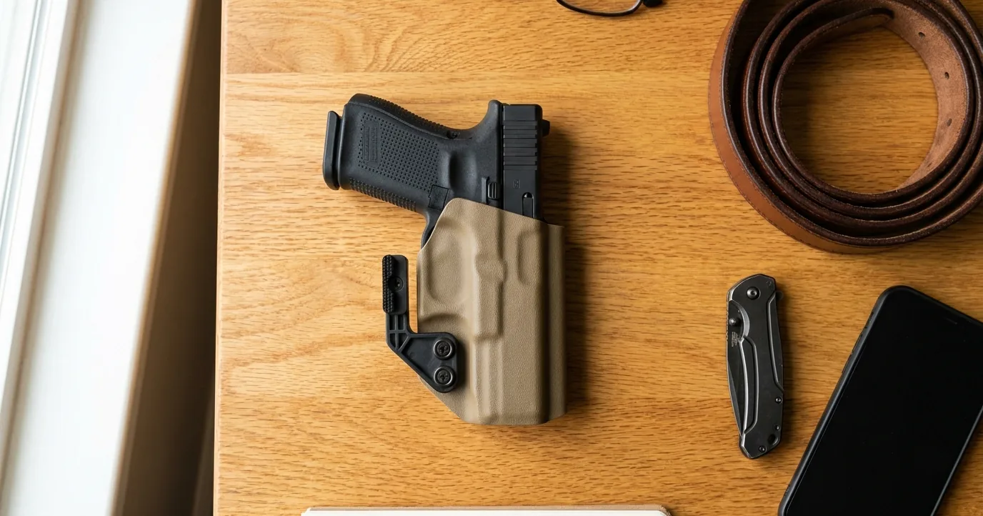Everyday carry gear on a wood table: a compact pistol seated in a tan kydex inside-the-waistband holster, a coiled leather gun belt, a folding knife, and a smartphone.