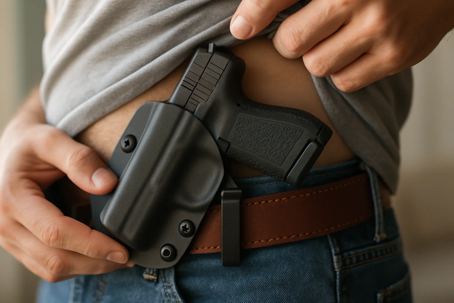 A compact pistol seated in a black kydex inside-the-waistband holster clipped to a leather gun belt at the appendix position.