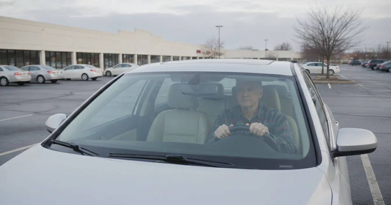 A man in a flannel shirt seated at the wheel of a parked car