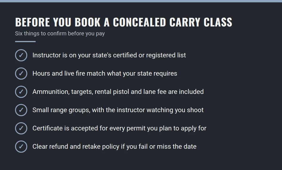 Summary card: Before you book a concealed carry class