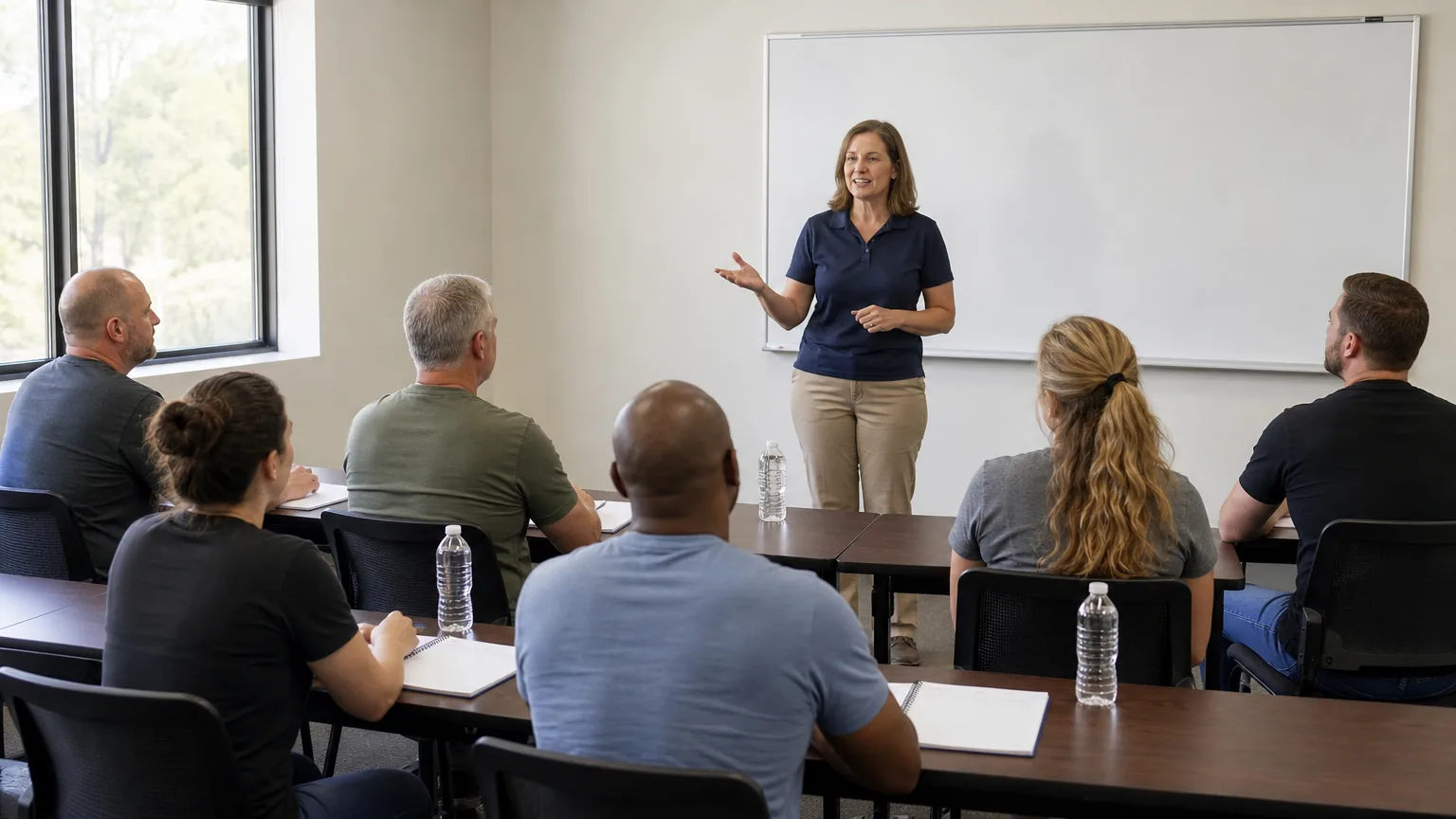 Instructor speaking to six students in a classroom