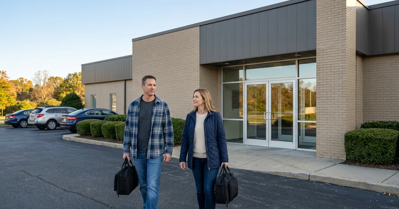 Man and woman carrying range bags to a training center door