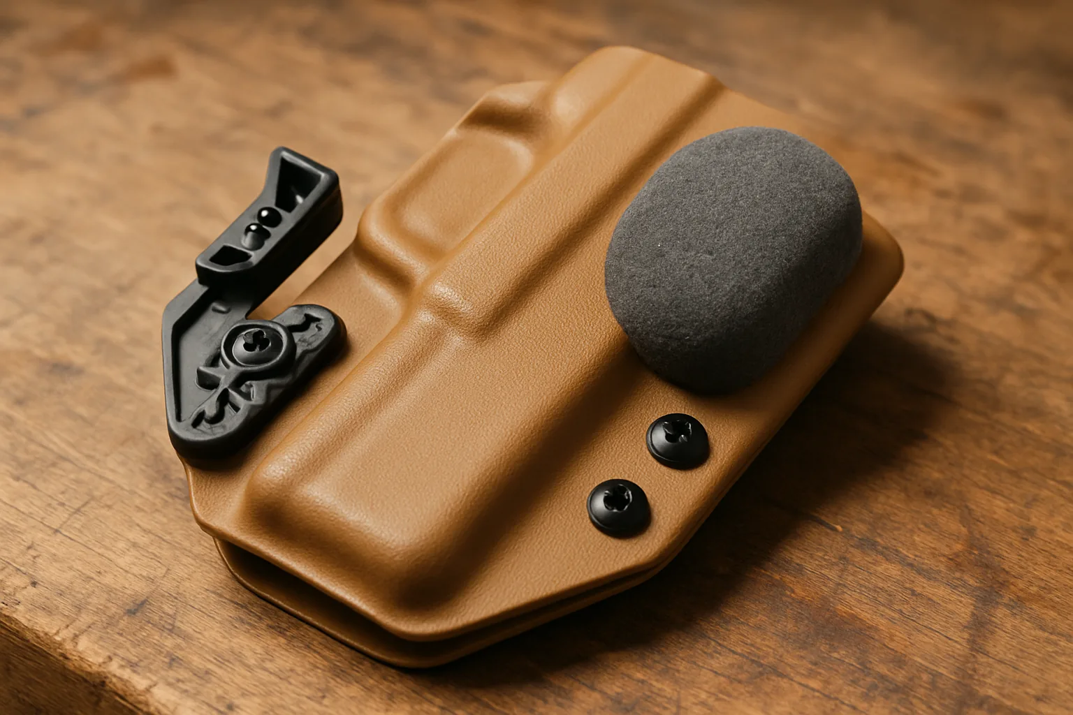 A tan kydex appendix holster on a wooden bench showing its black concealment claw at the front and a gray foam comfort wedge mounted on the back.