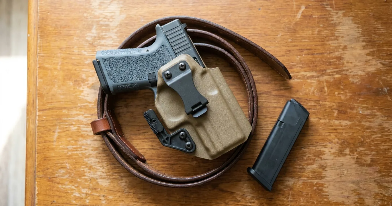 A compact pistol seated in a kydex inside-the-waistband holster beside a leather gun belt on a wooden table.