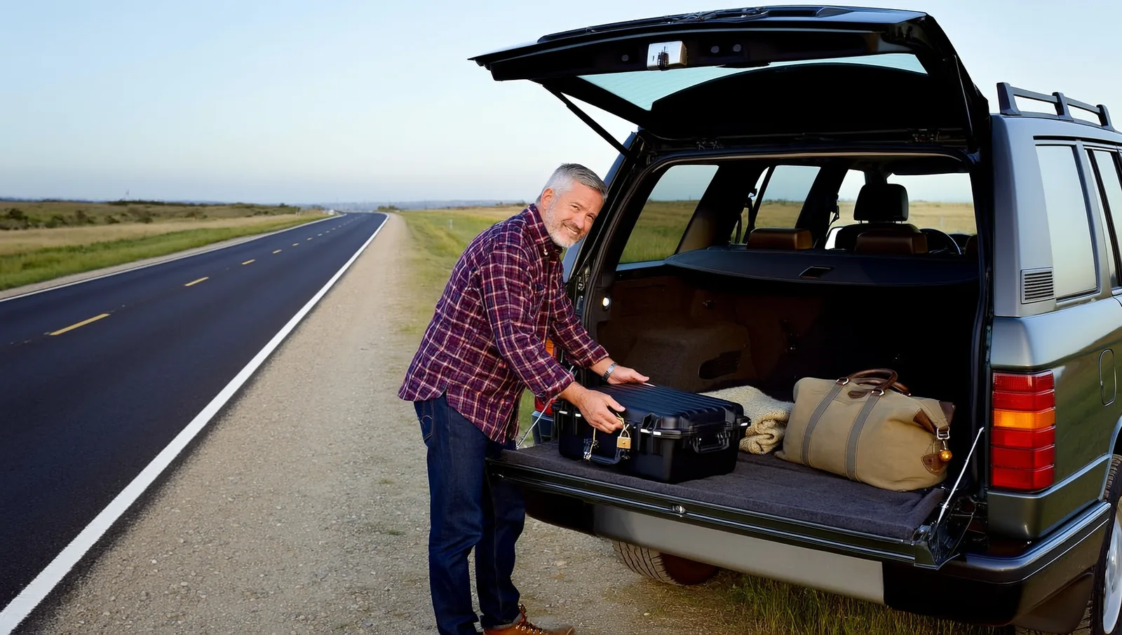 Man loading a locked hard case into an SUV