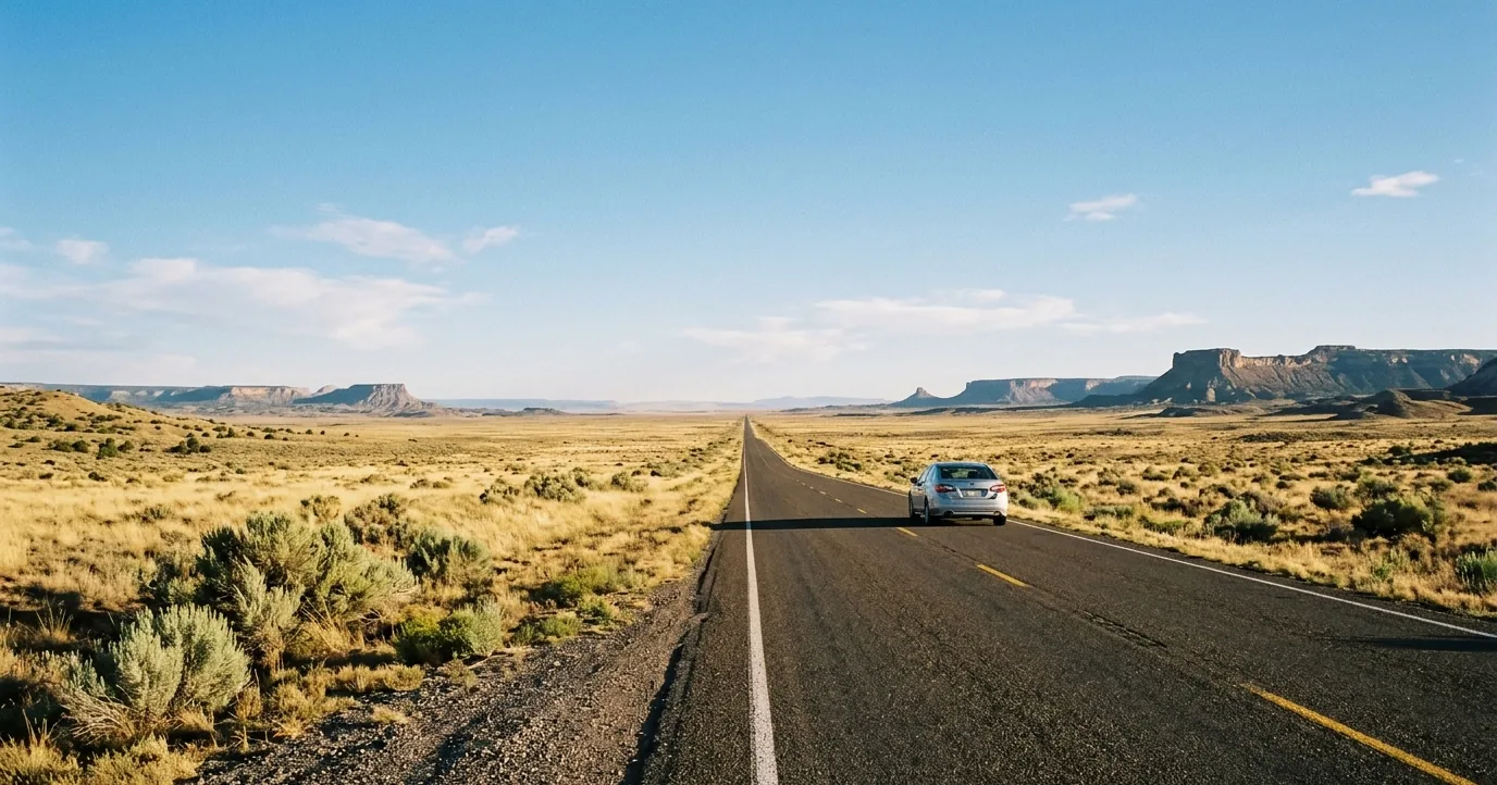 Car on a two-lane highway across open high desert