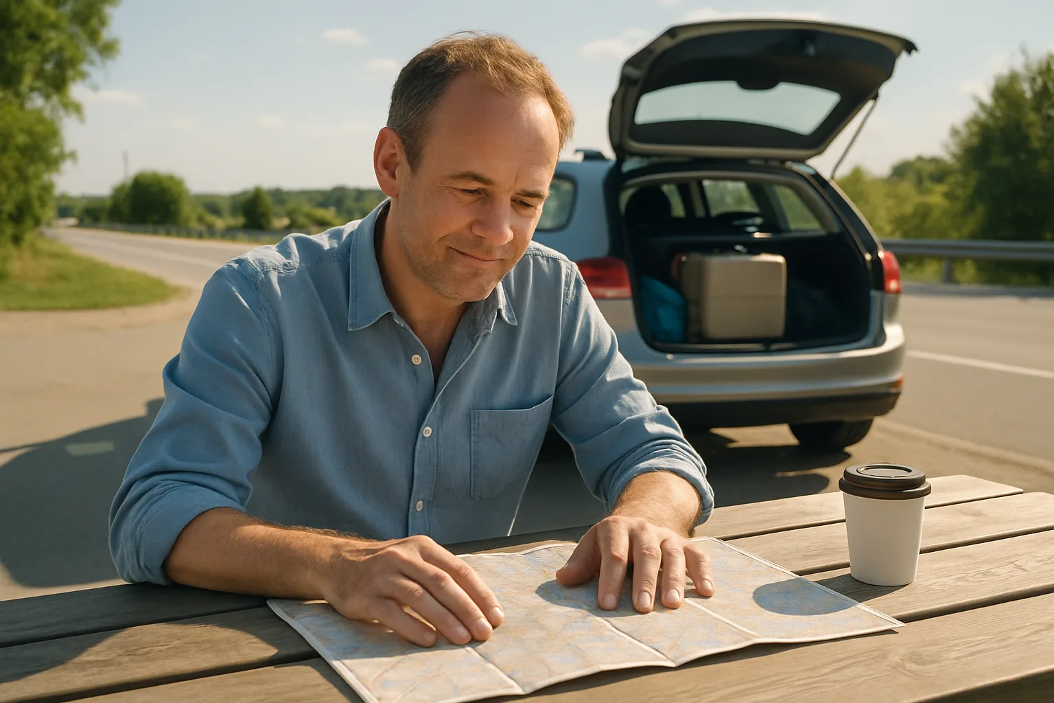 A relaxed traveler studying a paper road map at a sunny highway rest stop while planning a route.