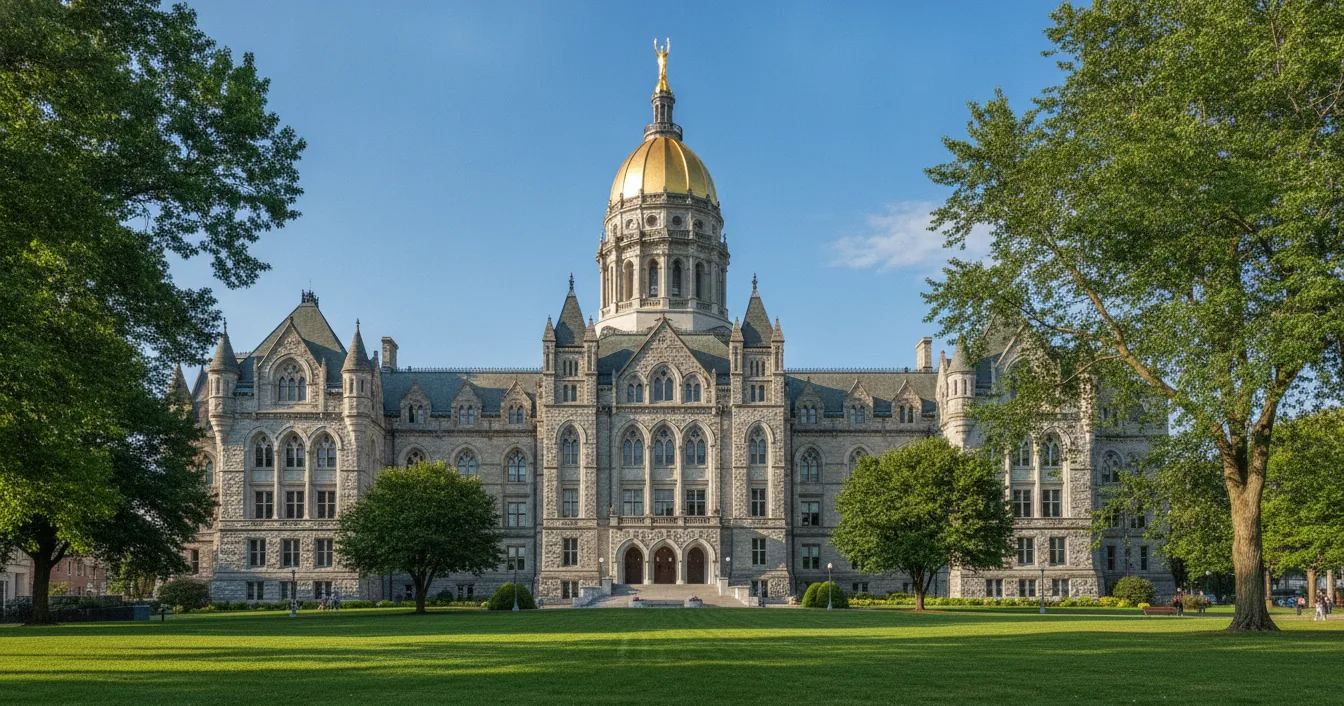 The Connecticut State Capitol building in Hartford under a clear sky.