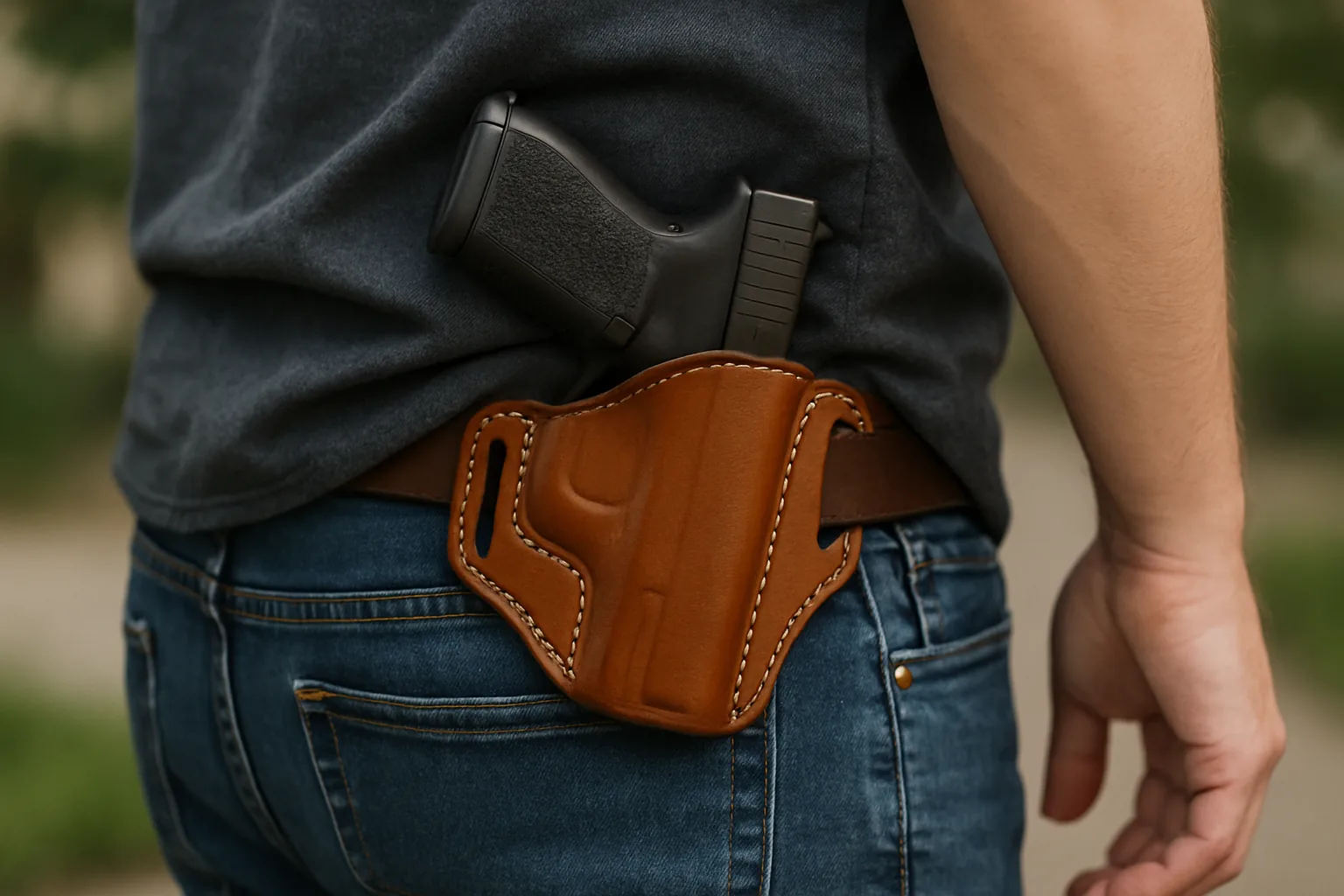 A concealed carry pistol seated in a tan leather belt holster worn on a man's hip over blue jeans.