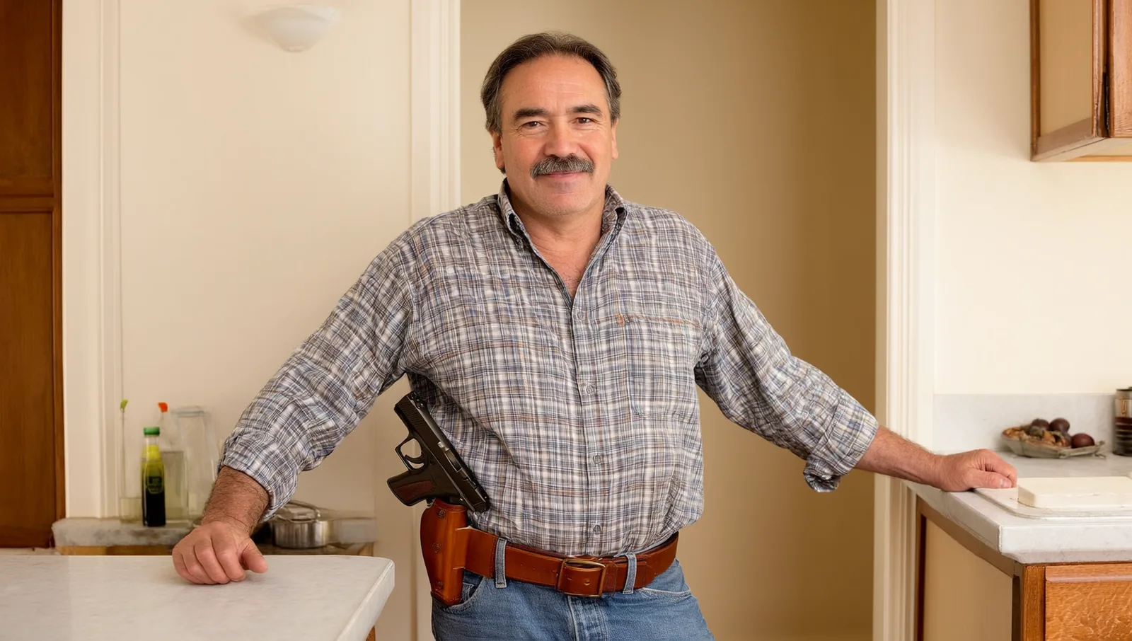 A relaxed man standing in his kitchen with a holstered handgun on his belt.