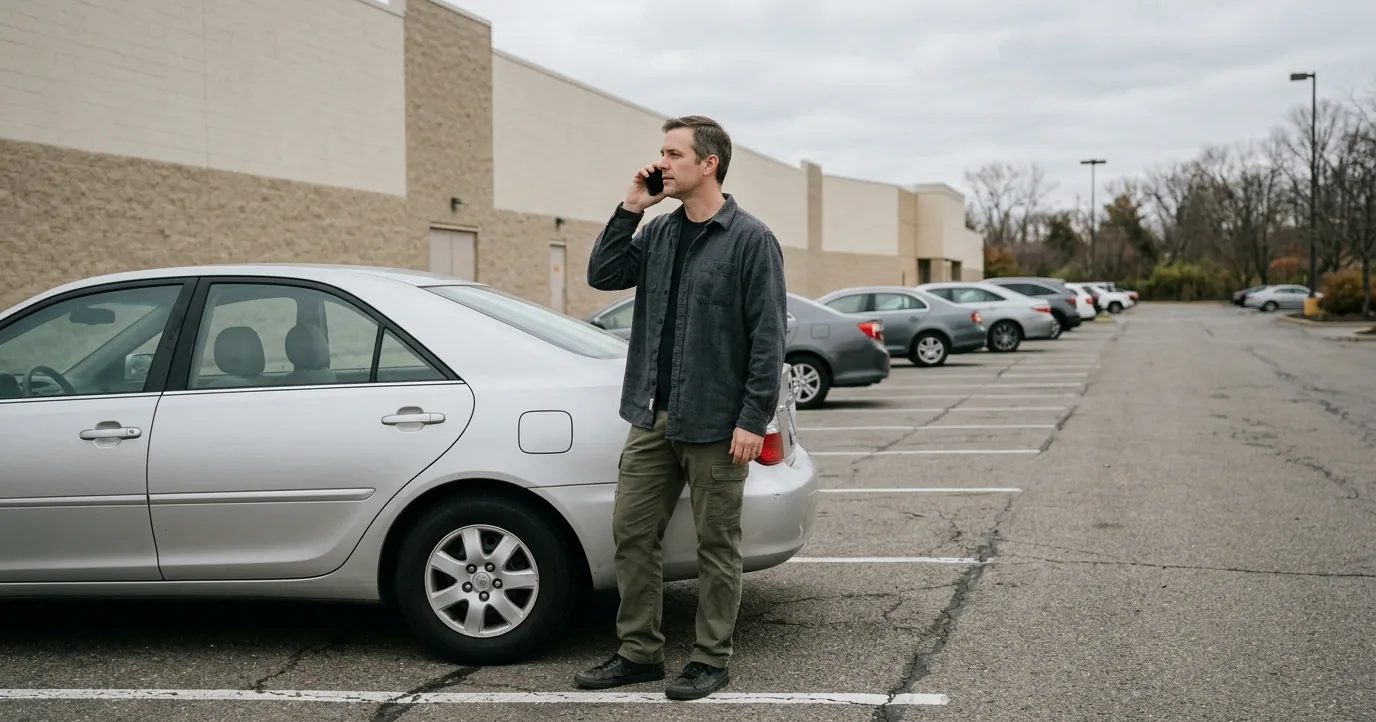 A man in a loose flannel shirt standing beside a car in a parking lot