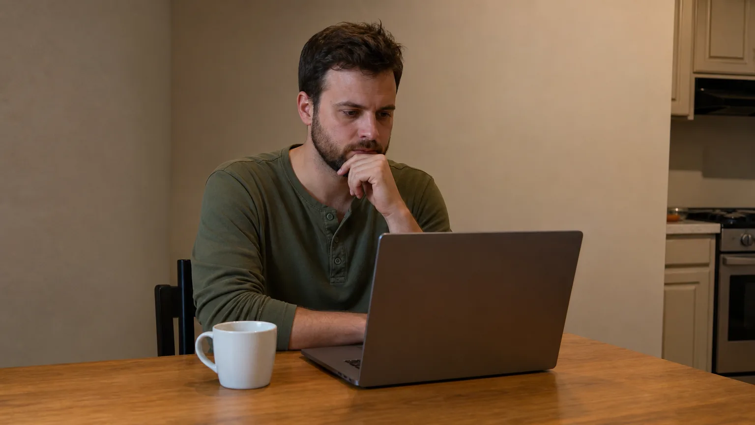 A man reading from a laptop at a kitchen table