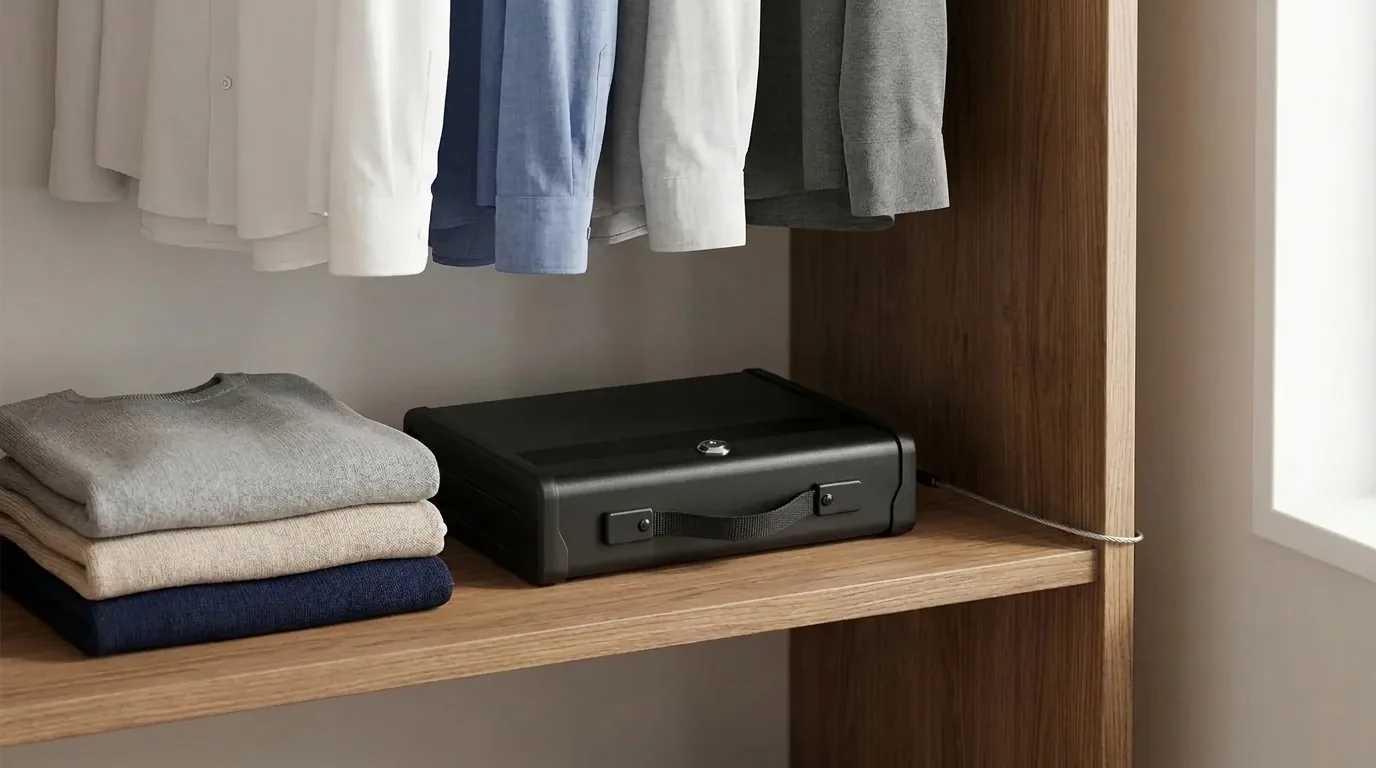 Closed handgun safe on a bedroom closet shelf