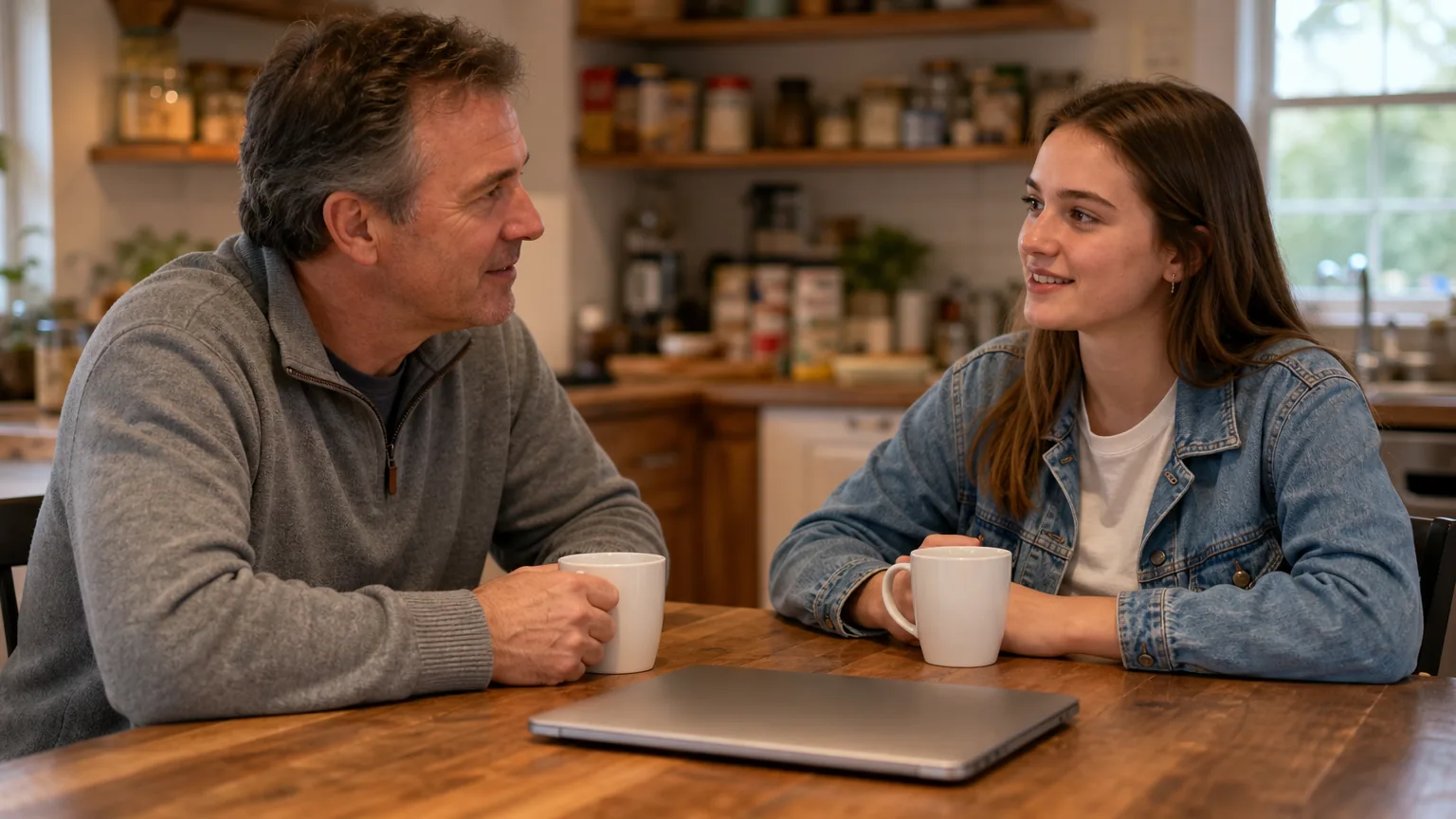 Father and daughter talking at a kitchen table