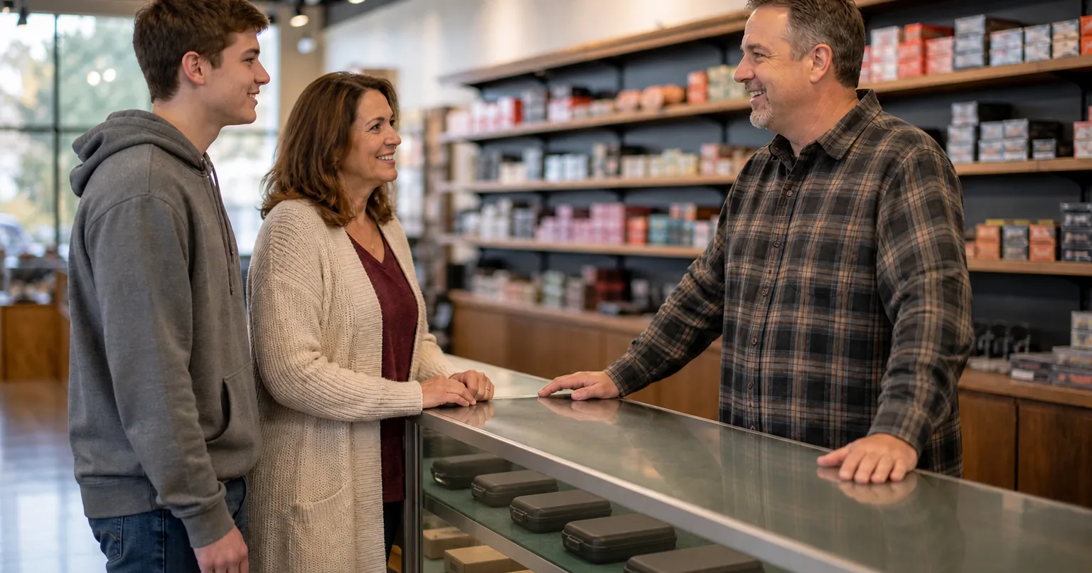 Young man and his mother at a gun shop counter