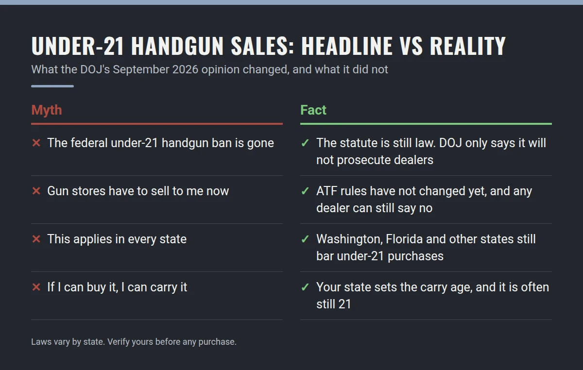 Summary card: Under-21 Handgun Sales, Headline vs Reality