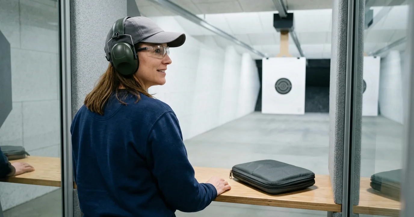 Woman in ear and eye protection at a range booth