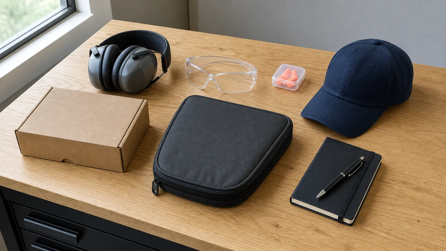 Earmuffs, safety glasses, earplugs and a pistol case