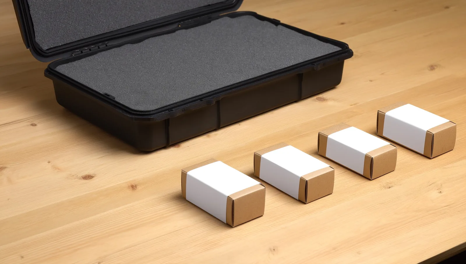 Four blank cardboard boxes on a table beside an open hard case