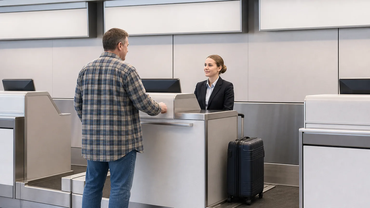 A traveler in a plaid shirt at an airline check-in counter