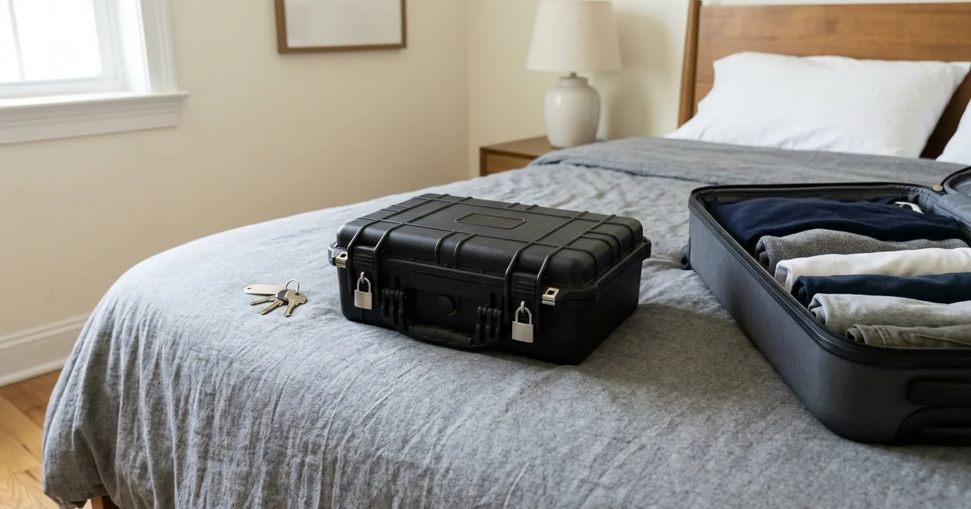 A locked black hard case on a bed beside an open suitcase