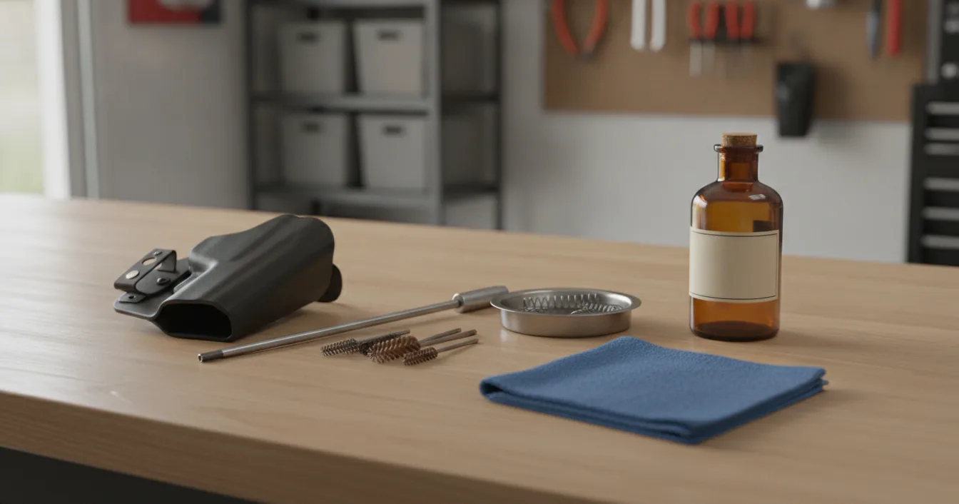 Empty holster and cleaning tools on a workbench