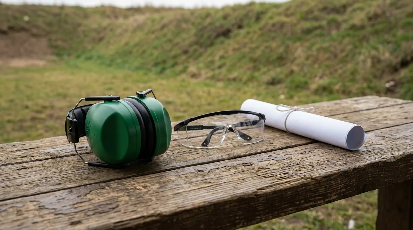 Hearing protection, safety glasses and a rolled target