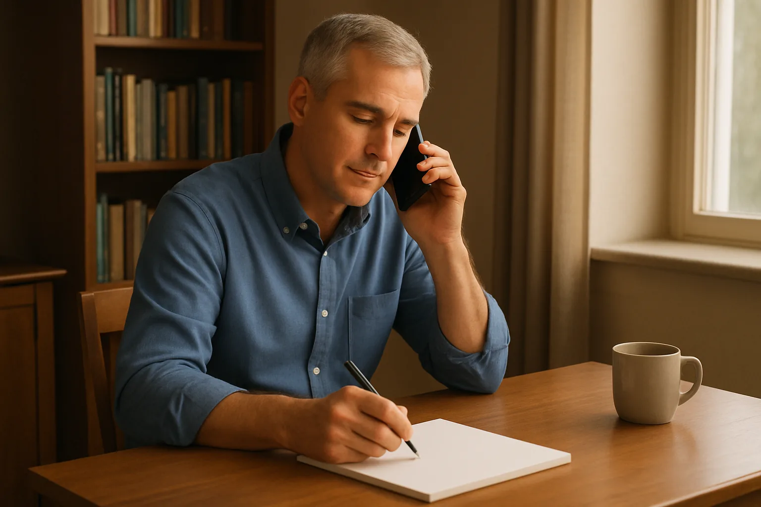 Man on the phone writing on a notepad at a desk