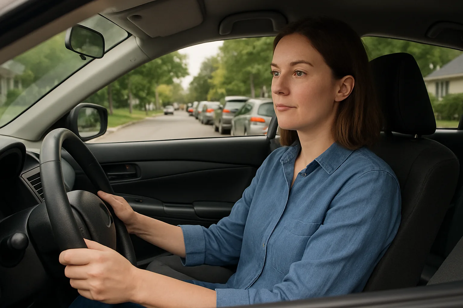 A woman waiting in a car behind a line of parked cars