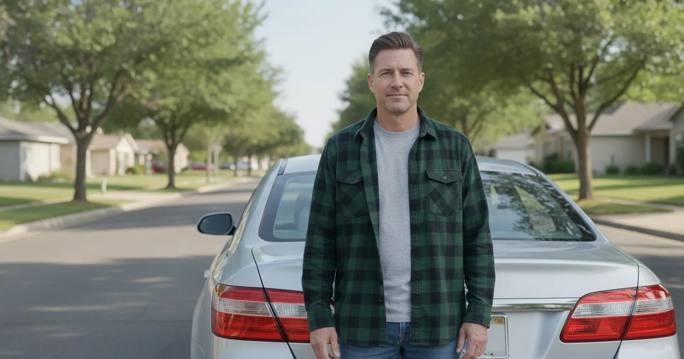 A man in a loose flannel shirt standing beside a parked car