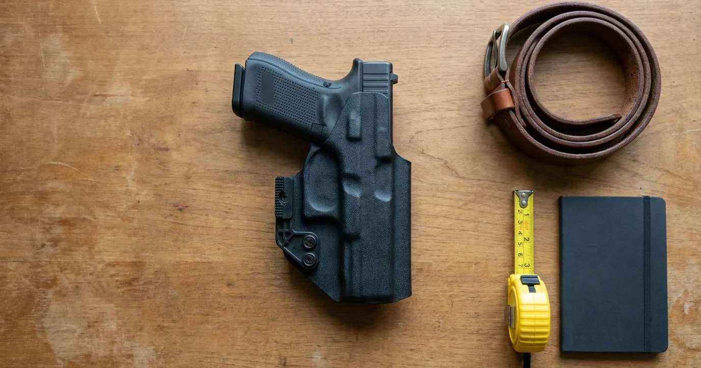 Holstered pistol, belt, tape measure and notebook on a table