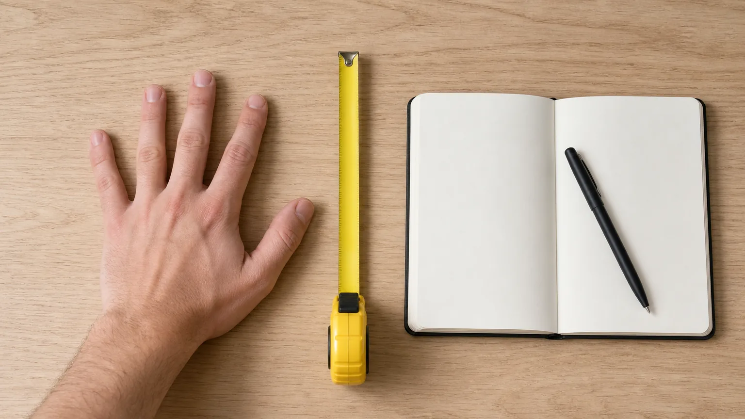 A hand laid flat beside a tape measure and open notebook