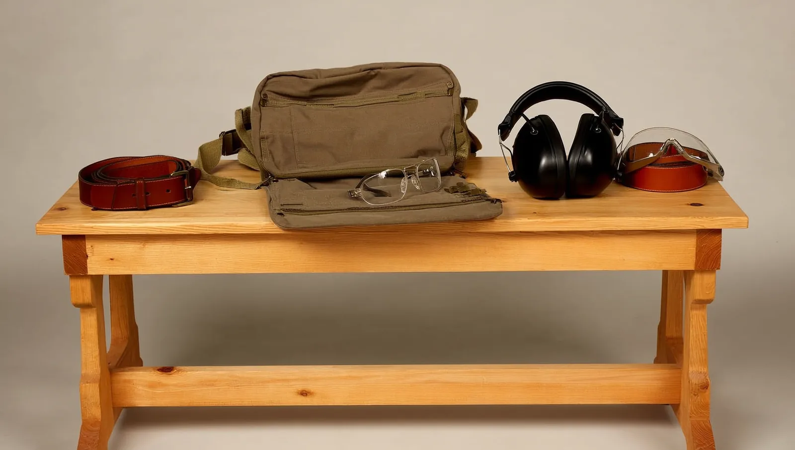 Range bag, ear muffs, safety glasses and a belt on a bench