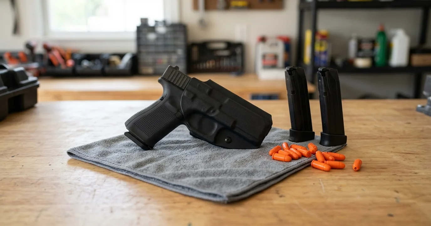 Holstered pistol, magazines and orange dummy rounds on a bench