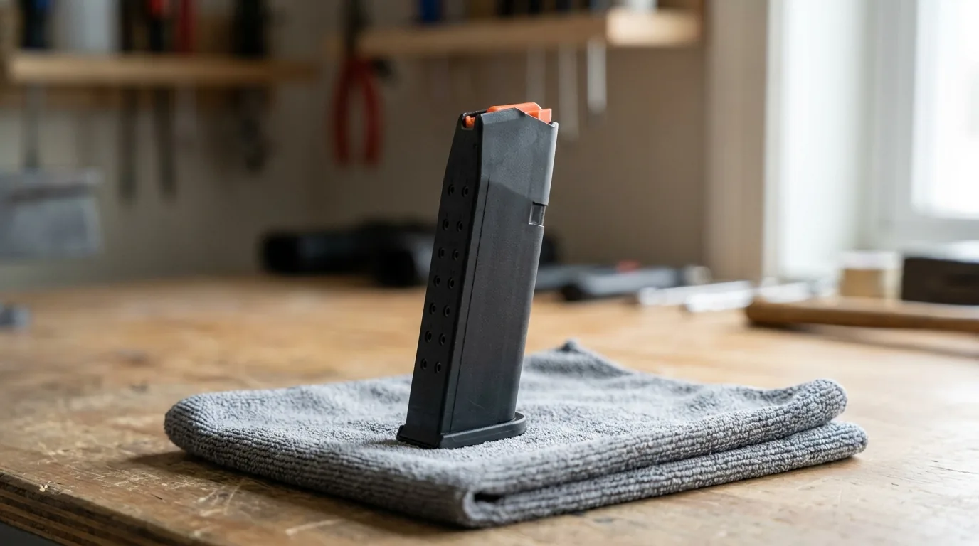 Empty pistol magazine standing on a gray towel