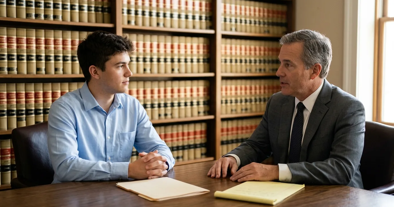A young man meeting with an attorney in a law office