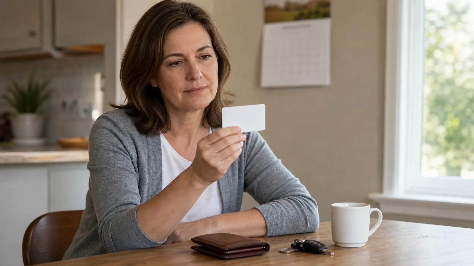 A woman at a kitchen table looking at a plain card