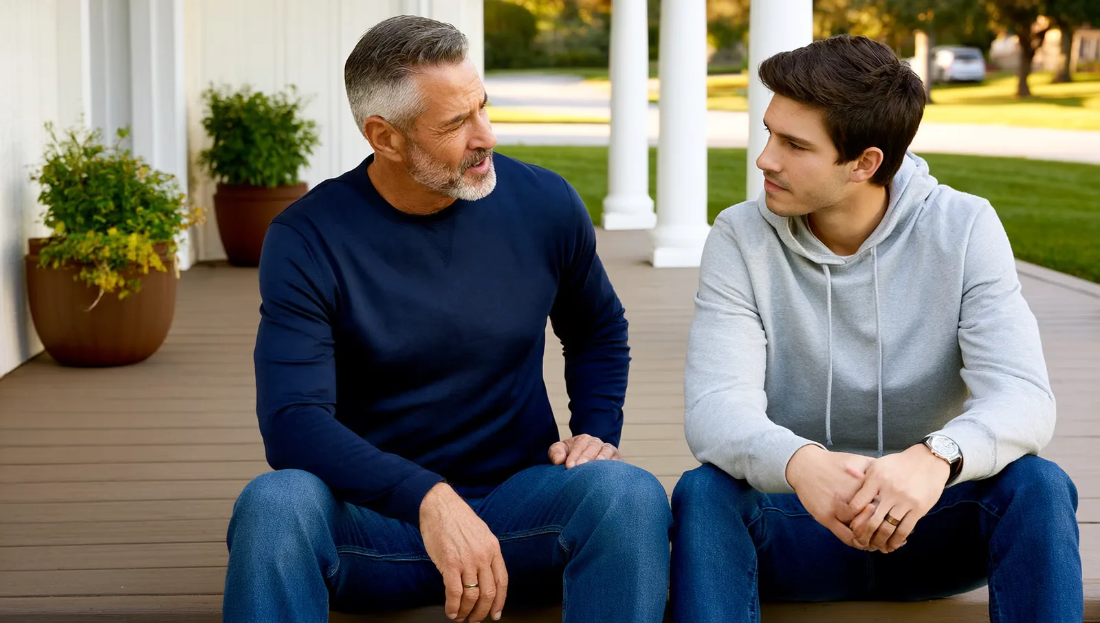 A father and his adult son talking on porch steps