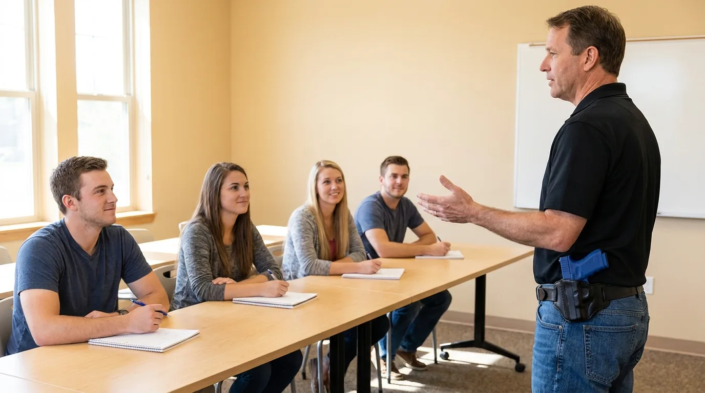 Young adults seated at classroom tables with notebooks, listening to a firearms instructor who wears an inert blue training pistol holstered on his hip.