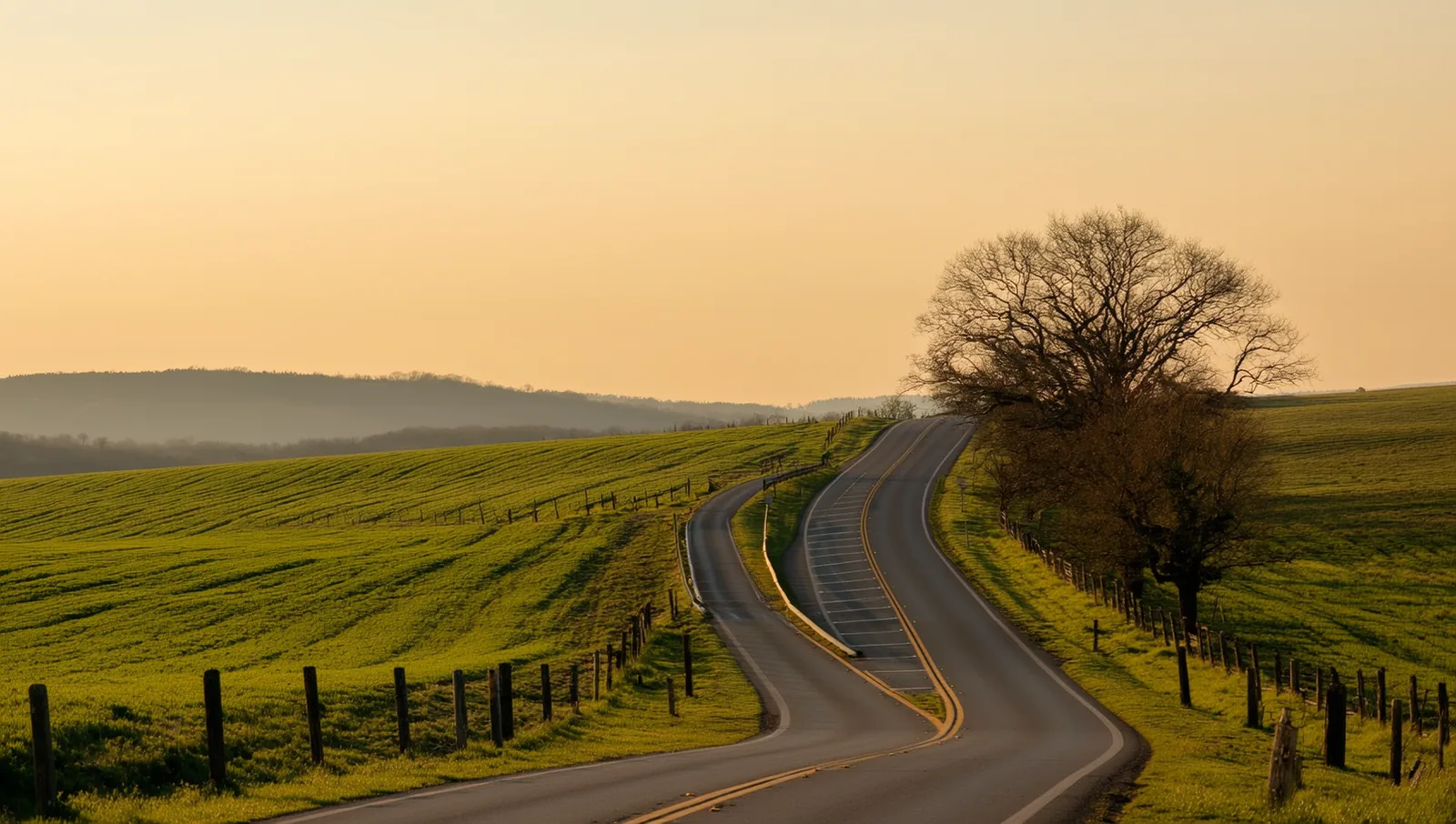 A quiet two-lane rural highway curving through rolling green farmland and fence lines at golden hour.