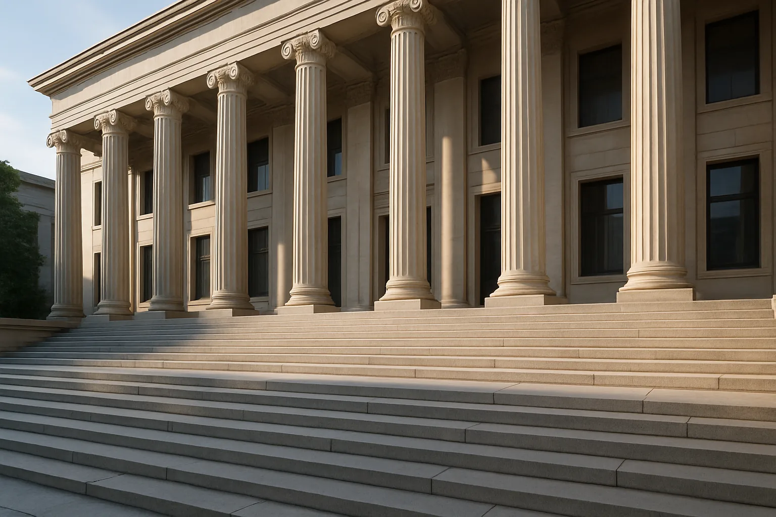 The stone steps and tall columns of a state courthouse building in soft morning light.