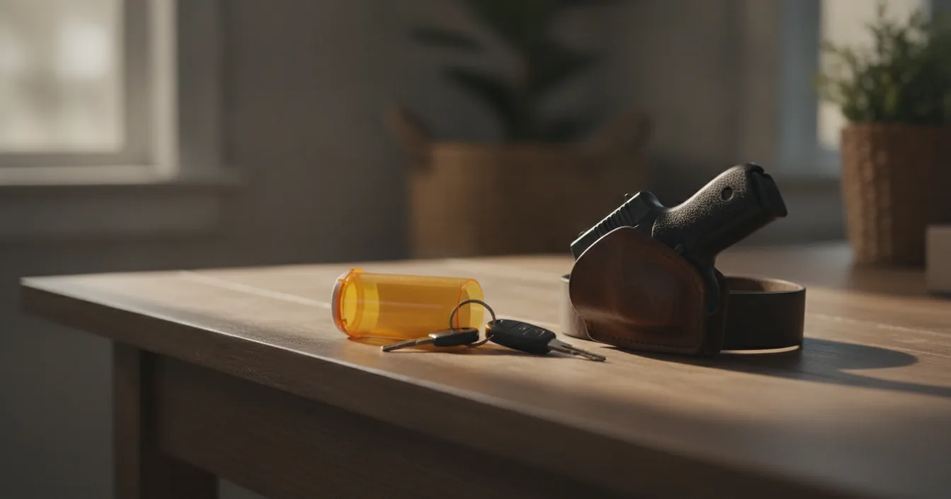 A prescription pill bottle, a set of keys, and a holstered compact handgun resting on a wooden entryway table in soft morning light.