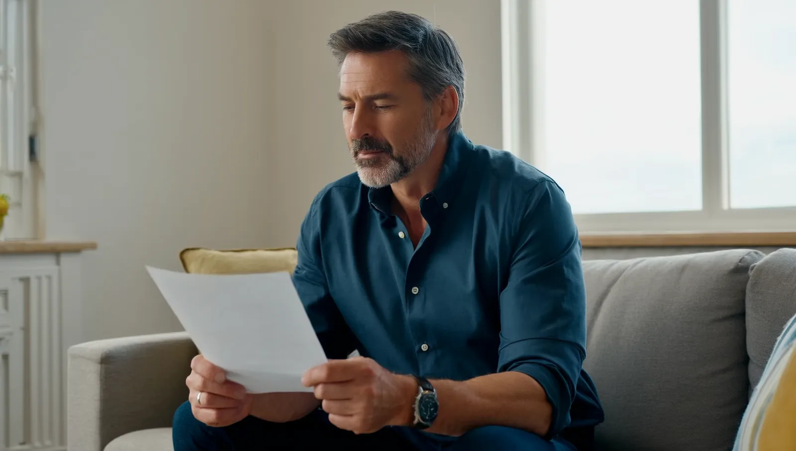 A calm middle-aged man in a casual shirt sitting on a sofa at home, reading a document in soft window light.