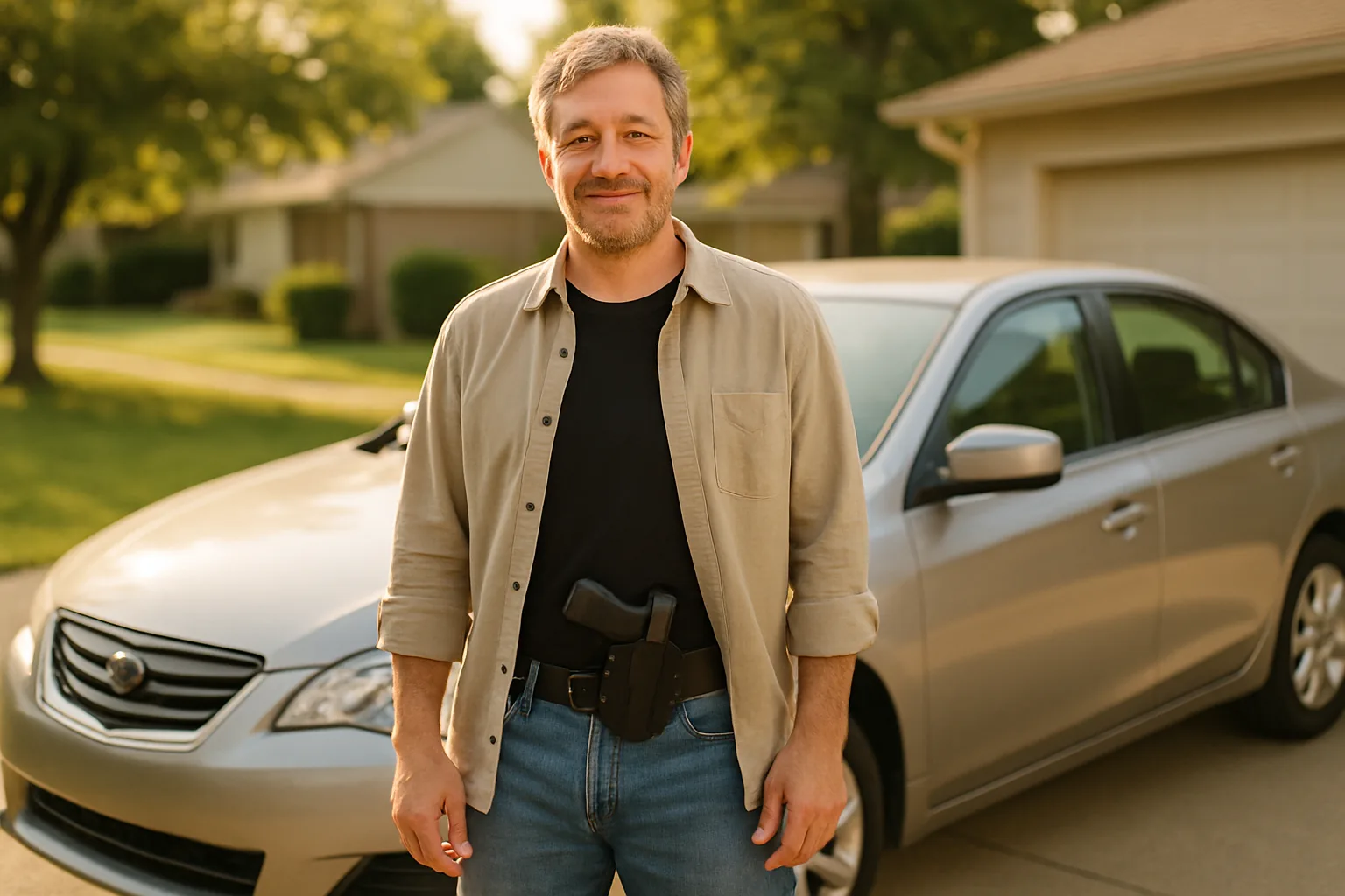 A relaxed man standing beside his car in a suburban driveway with a holstered handgun on his belt before a road trip.