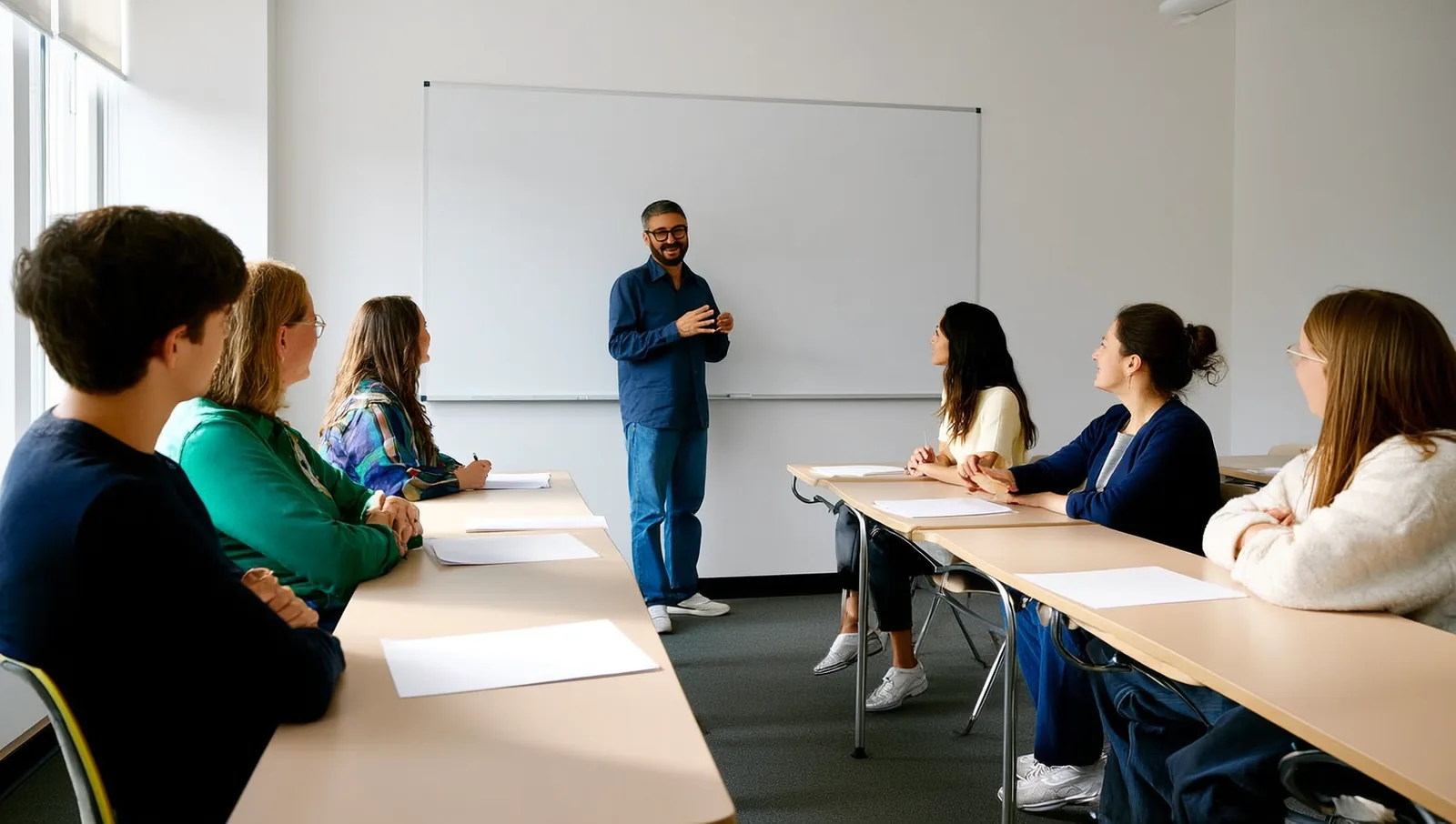 Adult students seated at classroom tables listening to an instructor during a firearms safety course.