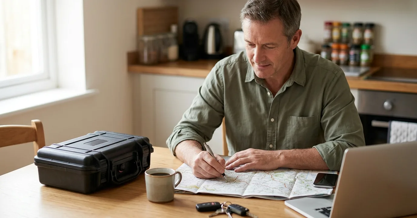 A man at a kitchen table with a road map and a closed pistol case